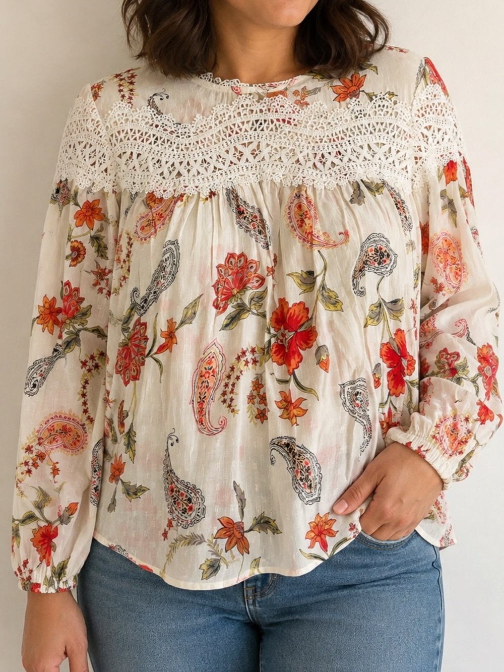 Fate White Floral Lace-Yoke Long Sleeve Blouse with Red & Orange Blooms